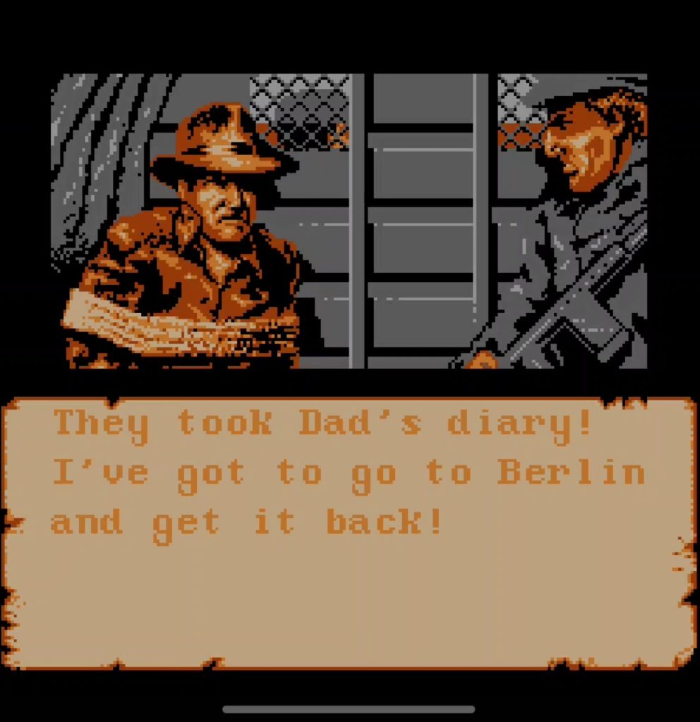 Скриншот: Индиана Джонс после поражения в замке. Схвачен немцами и связан. Игра Денди