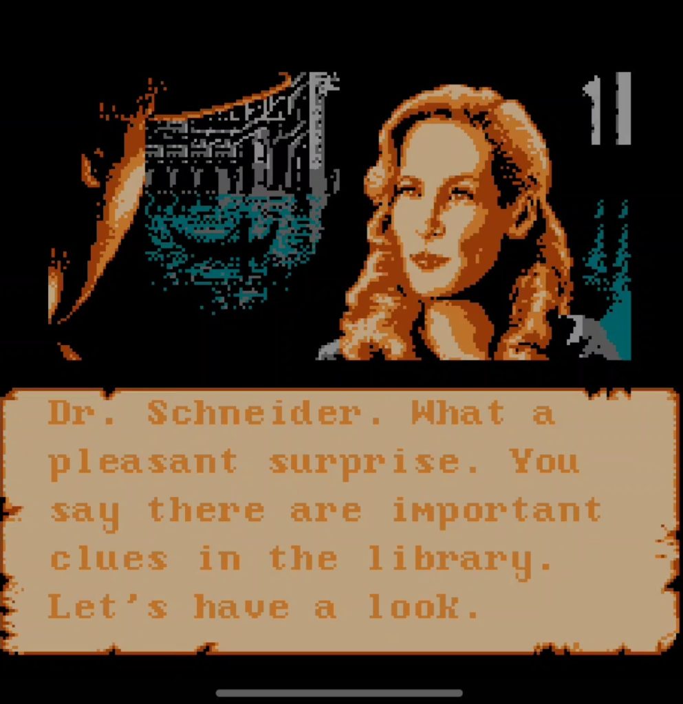 Момент, когда Джонс общается со Шнайдер в игре Денди «Индиана Джонс и Последний крестовый поход»